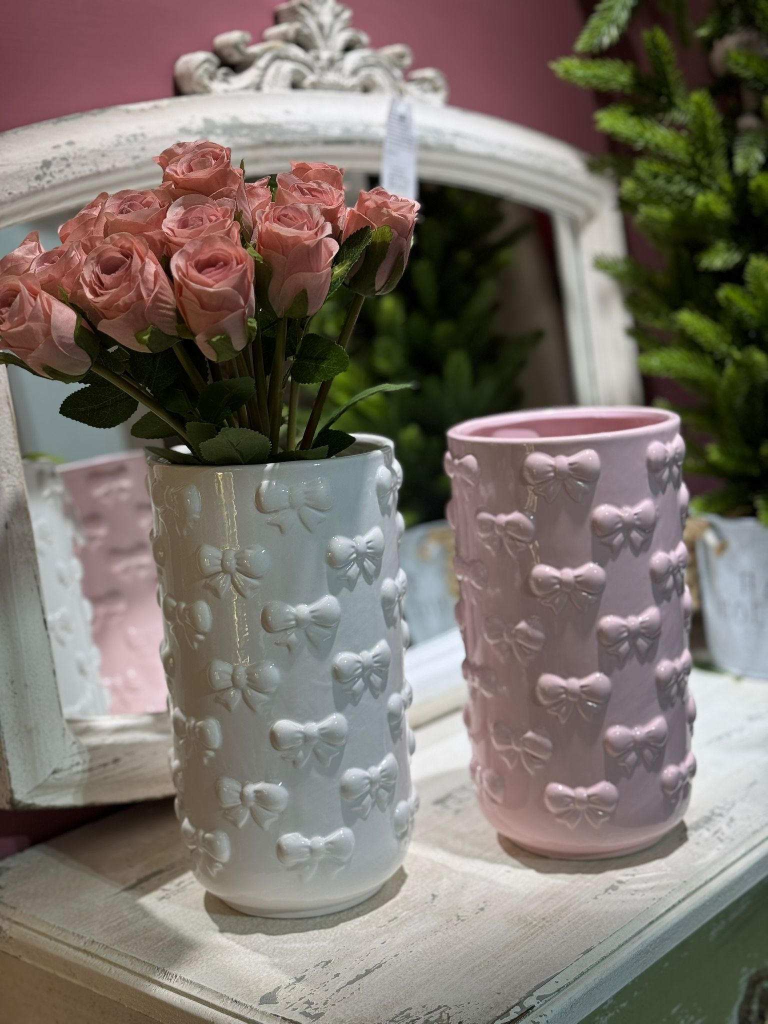 Vaso in ceramica con fiocchi Linea Ribbon - rosa/bianco - H.25x14 cm - L'arte di nacchi